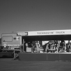 The Technogym fitness truck for Ferrari drivers Michael Schumacher and Eddie irvine at Monza 1997. Photo: Grand Prix Photo