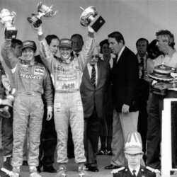 Formula One - F1 - 1994 Monaco Grand Prix - Monte Carlo - 15/5/94
Benetton's Michael Schumacher (C) celebrates with his trophies after victory ahead of second placed Martin Brundle of McLaren (2nd L) and Gerhard Berger of Ferrari (L). Benetton team principal Flavio Briatore is pictured far right, holding the constructor's trophy.
Mandatory Credit: Action Images / Michael Hewett
PLEASE NOTE: FOR EDITORIAL SALES ONLY.
CONTRACT CLIENTS: ADDITIONAL FEES MAY APPLY - PLEASE CONTACT YOUR ACCOUNT MANAGER.