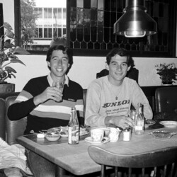 Burgeoning photographer Keith Sutton (Left) enjoys a celebratory drink with Ayrton Senna (BRA) (Right) Rushen Green Racing following his success in the European FF2000 championship.
EFDA Formula Ford 2000 Championship, Jyllandsring, Denmark, 22 August 1982.