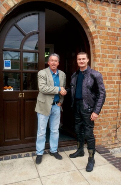 David Coulthard (GBR) meets with Keith Sutton (GBR) at the offices of Sutton Motorsport Images after receiving receiving his Ducati Monster motorcycle from Moto Cinelli.
David Coulthard Receives His Ducati Bike, Towcester, England, 22 November 1996.